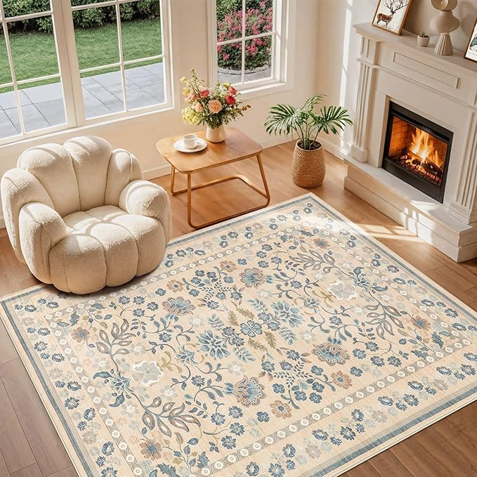 5x7 Area Rug Living Room Rugs Thickened - Washable Boho Vintage Floral Large Soft Non Slip Thin Rug Low Pile Carpet for Bedroom Dining Room Kids Playroom Office Decor Indoor- Multi Color