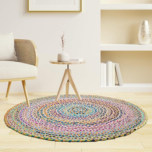 Craft Trade Hand Woven Chindi Jute Rag Rug Multicolor Reversible Jute Area Rug Braided Farmhouse Living Room, Outdoor, Kitchen Bedroom Chindi Rug (3', Round)