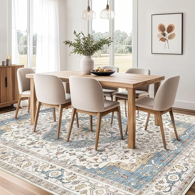 Area Rug for Living Room - 8x10 Soft Washable Oriental Vintage Floral Distressed Large Carpet - Fade Stain Resistant Non Slip Rugs for Bedroom Dining Room Nursery Dorm Office Home Decor - Blue/Beige