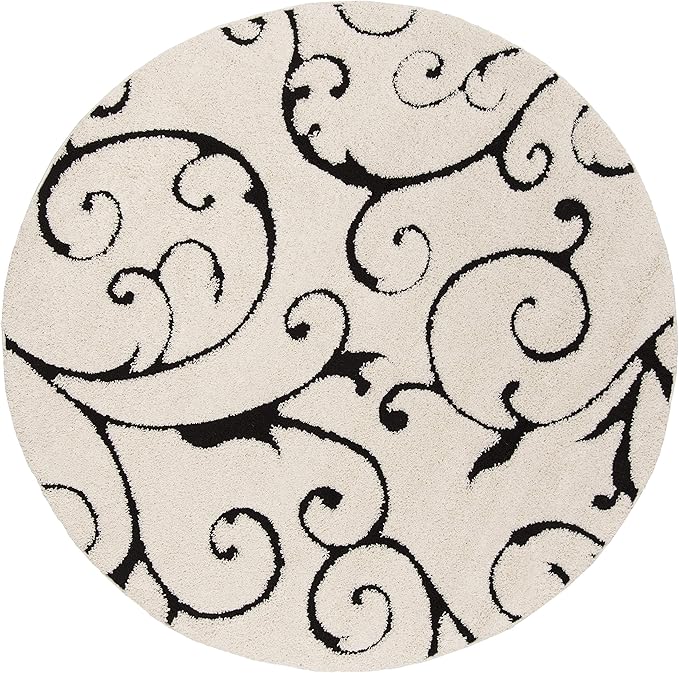 SAFAVIEH Florida Shag Collection 4' Round Ivory / Black SG455 Scrolling Vine Graceful Swirl Textured Non-Shedding Living Room Bedroom Dining Room Entryway Plush 1.2-inch Thick Area Rug