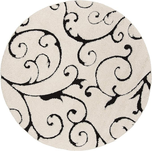 SAFAVIEH Florida Shag Collection 4' Round Ivory / Black SG455 Scrolling Vine Graceful Swirl Textured Non-Shedding Living Room Bedroom Dining Room Entryway Plush 1.2-inch Thick Area Rug