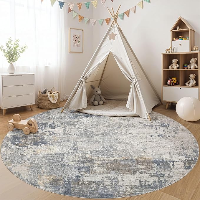 8ft Round Area Rug Living Room Rugs - 8x8 Washable Neutral Modern Abstract Soft Thin Rug Indoor Floor No Slip Rug Carpet for Bedroom Under Dining Table Home Office Decor - Blue Grey