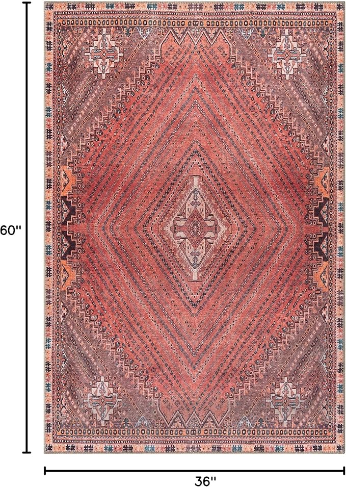 Bloom Rugs Washable Non-Slip 3' x 5' Rug - Red/Multicolor Traditional Bordered Area Rug for Living Room, Bedroom, Dining Room, and Kitchen - Exact Size: 3' x 5'