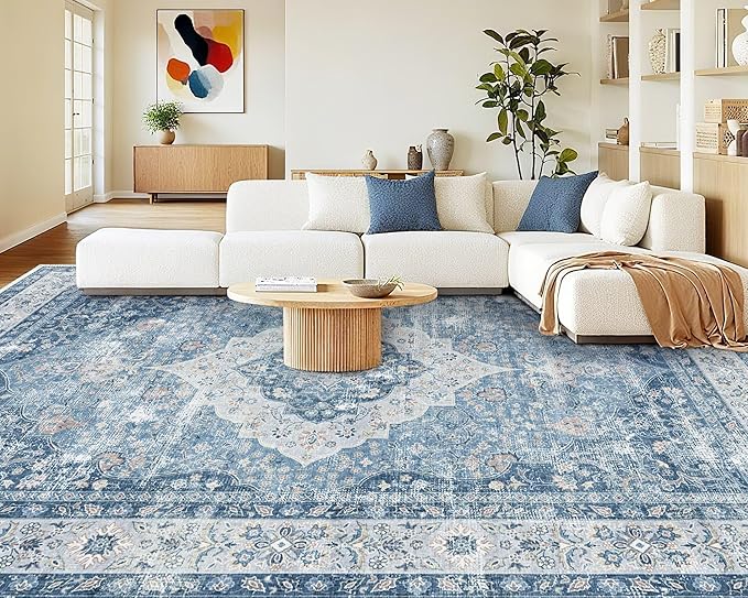 ANSSO 6x9 Area Rug, Extra Soft Vintage Faux Wool Washable Rug, Pets & Kids Friendly Carpet with Non-Shedding for Bedroom, Apartment, Living Room, Office Decor Mist Blue