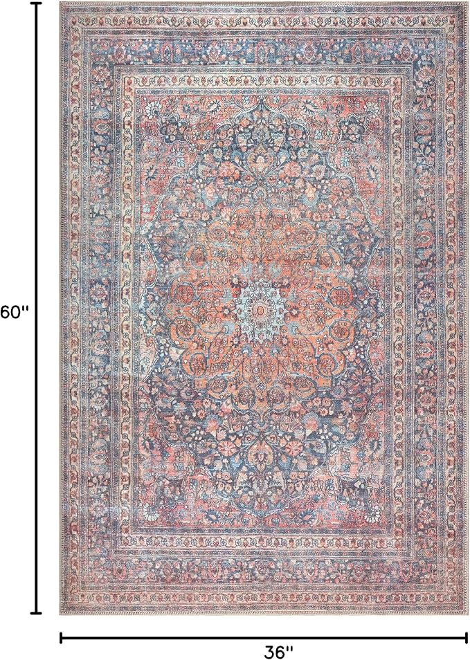 Bloom Rugs Washable Non-Slip 3' x 5' Rug - Multicolor Traditional Medallion Area Rug for Living Room, Bedroom, Dining Room, and Kitchen - Exact Size: 3' x 5'