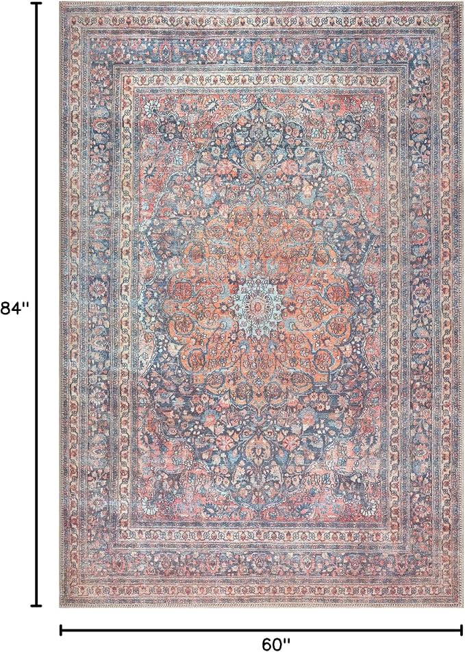 Bloom Rugs Washable Non-Slip 5' x 7' Rug - Multicolor Traditional Medallion Area Rug for Living Room, Bedroom, Dining Room, and Kitchen - Exact Size: 5' x 7'