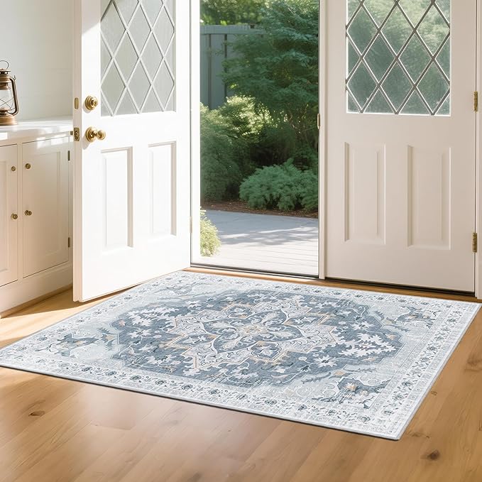 4x6 Washable Area Rug with Non-Slip Backing Low-Pile Soft Bohemian Distressed Boho Printed Rug for Living Room, Entryway, Bedroom, Home Office, Farmhouse- Blue/Gray