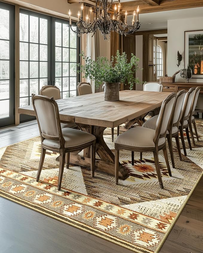 Area Rug 9x12 Rug Machine Washable Non-Slip Low Pile Print Pattern Western Rug for Living Room Bedroom Entryway Tribal Series -Cream/Camel