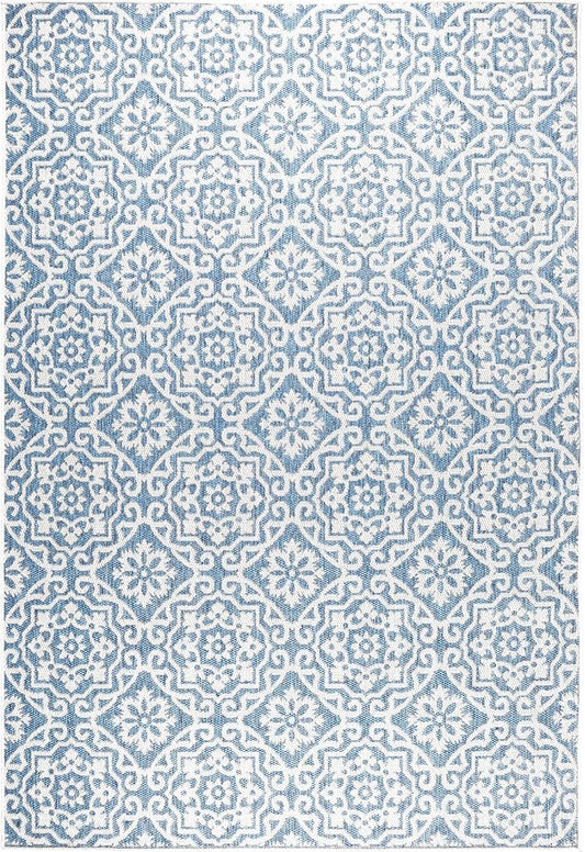 Nicole Miller New York Patio Country Julia Transitional Geometric Indoor/Outdoor Area Rug, Blue/Grey, 9'2"x12'5"