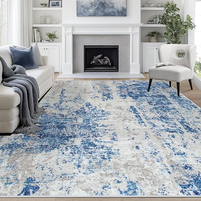 9x12 Area Rugs for Living Room Rug Washable: Abstract Large Rug for Dining Room Bedroom Carpet Non Slip 9 by 12 Indoor Modern Nursery Home Office Blue Grey White