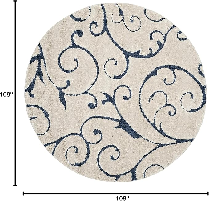 SAFAVIEH Florida Shag Collection 9' Round Cream/Blue SG455 Scrolling Vine Graceful Swirl Textured Non-Shedding Living Room Bedroom Dining Room Entryway Plush 1.2-inch Thick Area Rug