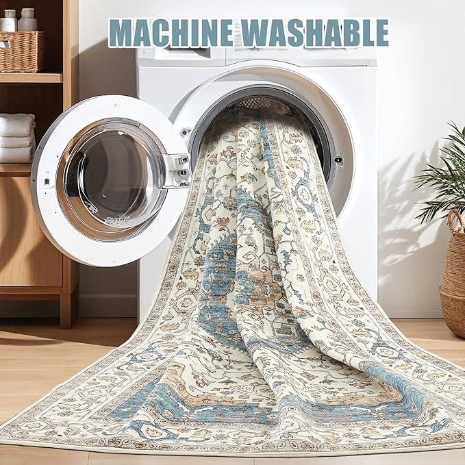 Area Rug for Living Room - 8x10 Soft Washable Oriental Vintage Floral Distressed Large Carpet - Fade Stain Resistant Non Slip Rugs for Bedroom Dining Room Nursery Dorm Office Home Decor - Blue/Beige