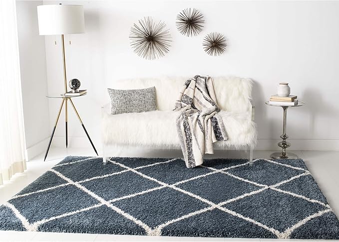 SAFAVIEH Hudson Shag Collection Area Rug - 8' x 10', Slate Blue & Ivory, Modern Trellis Design, Non-Shedding & Easy Care, 2-inch Thick Ideal for High Traffic Areas in Living Room, Bedroom (SGH281L)