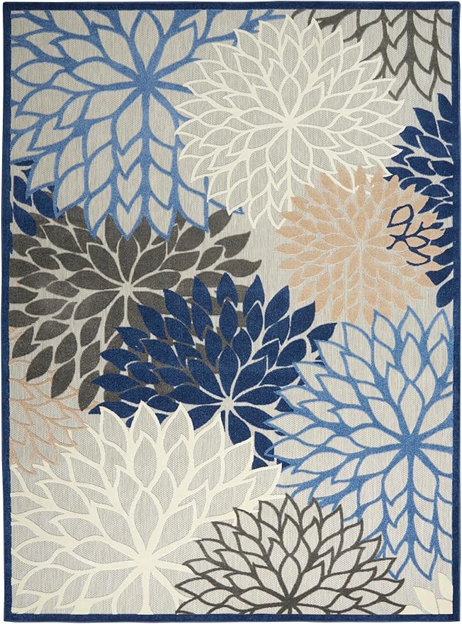 Nourison Aloha Indoor/Outdoor Blue/Multicolor 10' x 14' Area Rug, Tropical, Botanical, Easy Cleaning, Non Shedding, Bed Room, Living Room, Dining Room, Deck, Backyard, Patio (10x14)