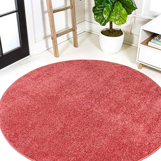 Eyely UES100E-5R Haze Solid Low-Pile Red 5' Round Area Rug, Pet Friendly, Stain Resistant, Easy Cleaning, for Bedroom, Living Room, Kitchen
