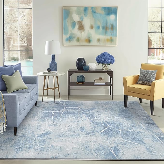 Area Rug 8x10 Machine Washable Rug Vintage Traditional Floor Cover Foldable Thin Retro Indoor Non Slip Carpet Floral Print Mat Bedroom Living Room Dining Room Office,Line Blue