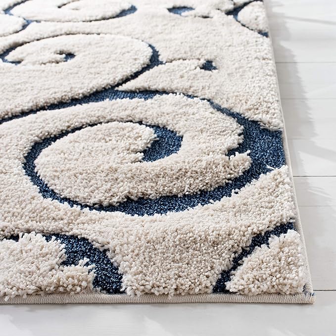 SAFAVIEH Florida Shag Collection 4' Round Cream/Blue SG455 Scrolling Vine Graceful Swirl Textured Non-Shedding Living Room Bedroom Dining Room Entryway Plush 1.2-inch Thick Area Rug