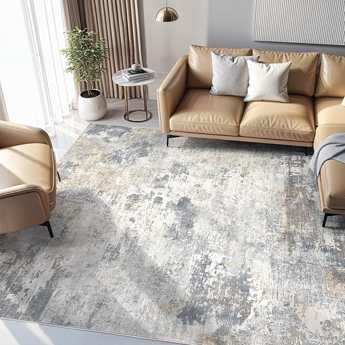 Abstract Living Room Rug 7x9 - Modern Washable Soft Thin Area Rug for Living Room Bedroom Under Dining Table - Neutral Indoor Floor Rug Carpets for Home Office Playroom Nursery - Blue Gold