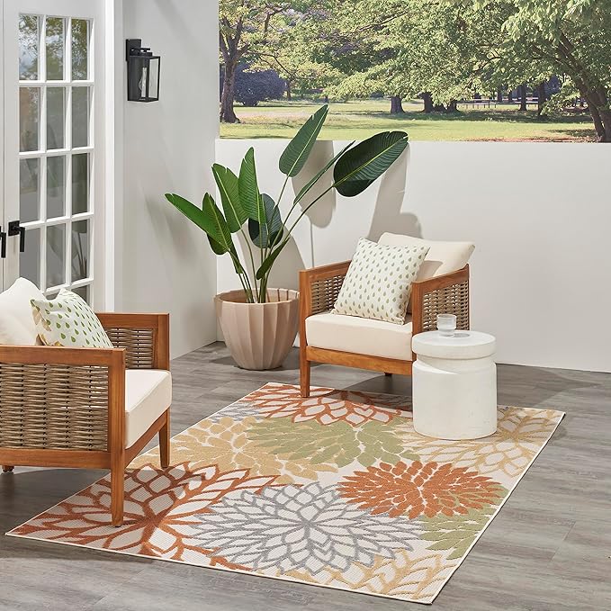 Nourison Home Aloha Indoor-Outdoor Ivory Multicolor 5'3" x 7'5" Area Rug, Easy Cleaning, Non Shedding, Bed Room, Living Room, Dining Room, Backyard, Deck, Patio (5x7)