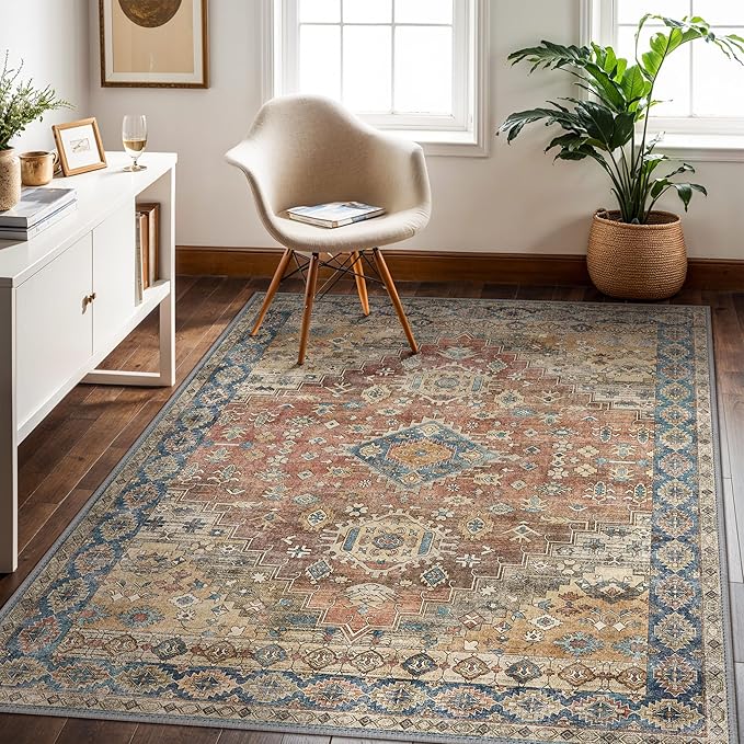 GENIMO 6x9 Area Rugs for Living Room, Machine Washable Non Slip Vintage Rugs, Low Pile Lightweight Chenille Print Rug for Bedroom, Dining Room, Home Office, Antique Red