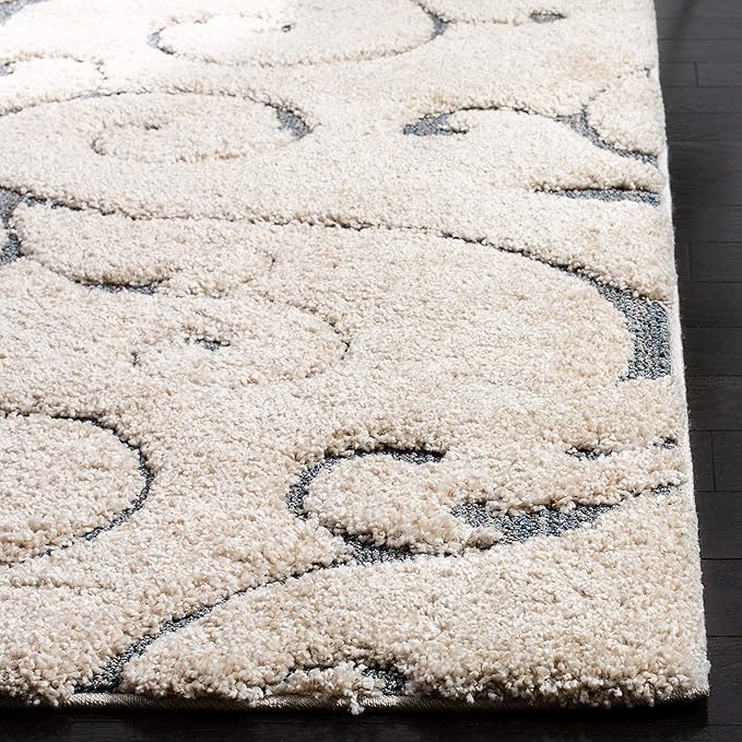 SAFAVIEH Florida Shag Collection Area Rug - 8' Square, Beige & Blue Grey, Scroll Design, Non-Shedding & Easy Care, 1.2-inch Thick Ideal for High Traffic Areas in Living Room, Bedroom (SG455-1155)