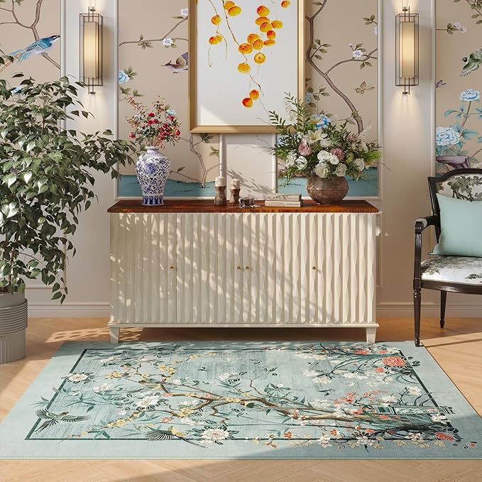 3x5 Washable Rug Chinoiserie-Style Floral Vintage Area Rug Non Slip Low Pile Small Carpet for Bedroom, Bedside, Kitchen, Entryway, Kids Room, Office, Blue