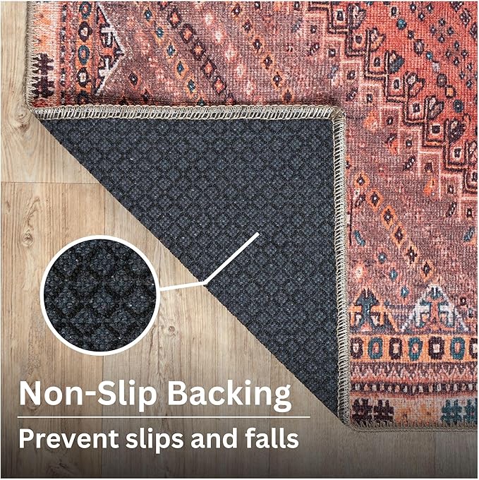 Bloom Rugs Washable Non-Slip 10 ft Runner - Red/Multicolor Traditional Bordered Runner for Entryway, Hallway, Bathroom, and Kitchen - Exact Size: 2.5' x 10'