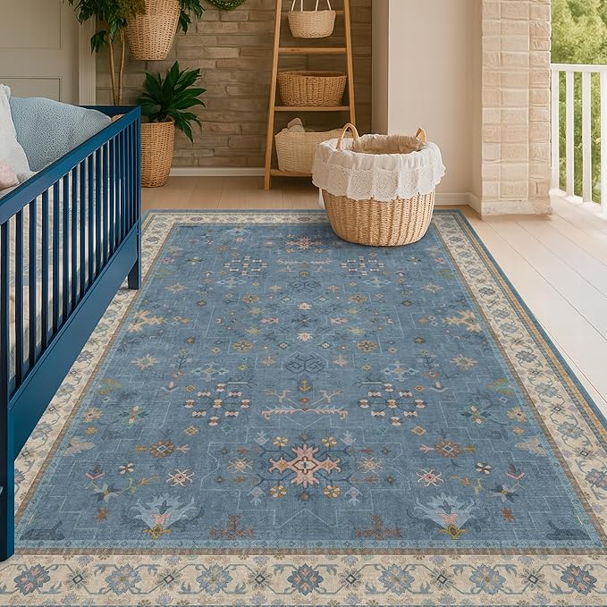 5x7 Rug for Living Room, Boho 5 x 7 Area Rugs Colorful Blue Modern Eclectic Low-Pile Carpet for Bedroom, Dining Table, Nursery, Washable Non-Slip with Rubber Back