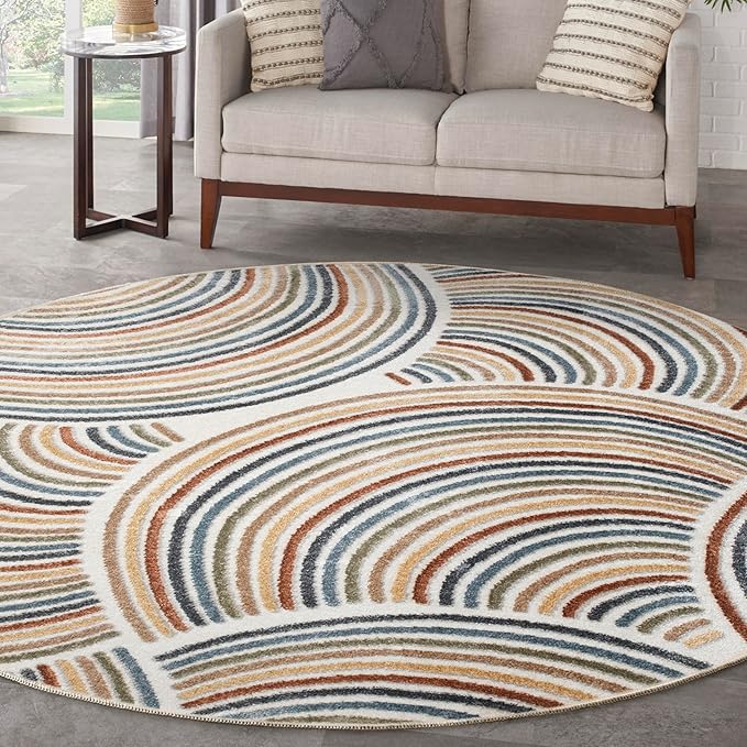 Nourison Home Astra Machine Washable Ivory Multicolor 4' x Round Area Rug Easy Clean, Non Shedding, Bed Room, Living Room, Dining Room, Kitchen (4' x Round)
