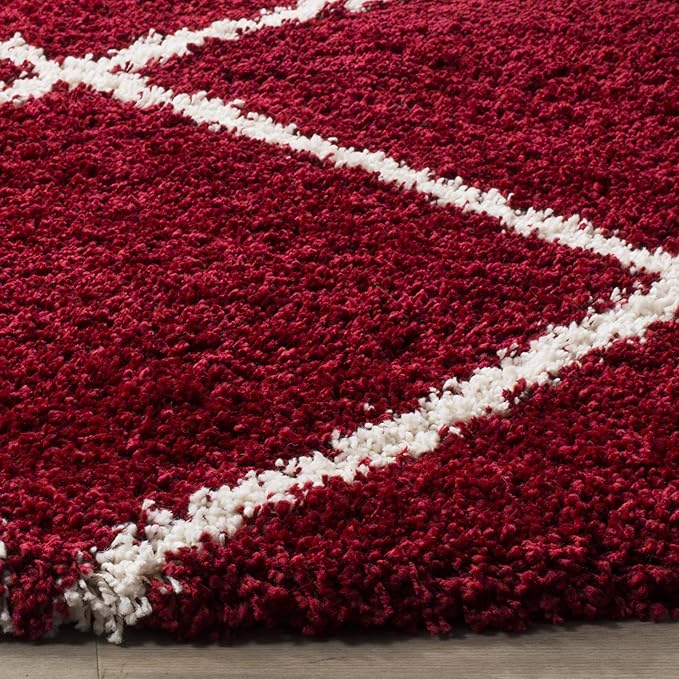 SAFAVIEH Hudson Shag Collection 9' Round Red / Ivory SGH281R Modern Diamond Trellis Non-Shedding Living Room Bedroom Dining Room Entryway Plush 2-inch Thick Area Rug