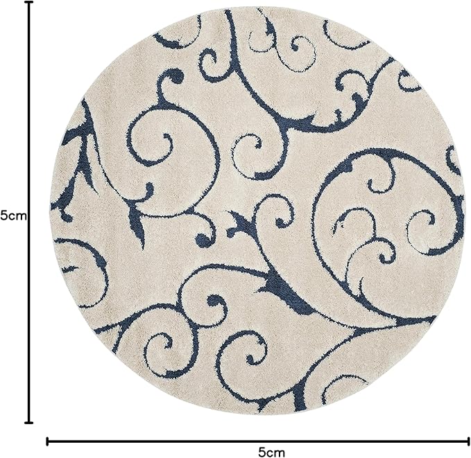 SAFAVIEH Florida Shag Collection Area Rug - 5' Round, Cream & Blue, Scroll Design, Non-Shedding & Easy Care, 1.2-inch Thick Ideal for High Traffic Areas in Living Room, Bedroom (SG455-1165)