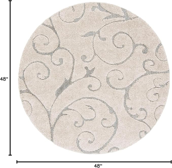 SAFAVIEH Florida Shag Collection 4' Round Beige/Blue Grey SG455 Scrolling Vine Graceful Swirl Textured Non-Shedding Living Room Bedroom Dining Room Entryway Plush 1.2-inch Thick Area Rug