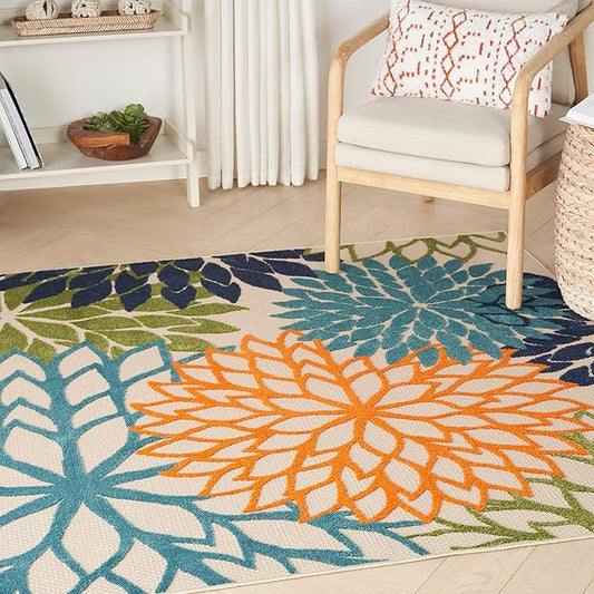 Nourison Home Aloha Indoor/Outdoor Multicolor 5'3" x 5'3"Square Area Rug, Tropical, Botanical, Easy Cleaning, Non Shedding, Bed Room, Living Room, Dining Room, Deck, Backyard, Patio (5 Square)