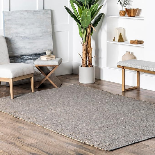 nuLOOM 10x14 Elfriede Jute & Cotton Hand Woven Area Rug, Grey, Solid Rustic Farmhouse Style, Weaved Design, Natural Fiber, For Bedroom, Living Room, Dining Room, Hallway, Office, Entryway
