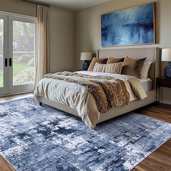 Area Rug Living Room Rugs - 10x12 Large Soft Indoor Neutral Modern Abstract Low Pile Washable Rug Carpet for Bedroom Dining Room Farmhouse Home Office - Navy Blue