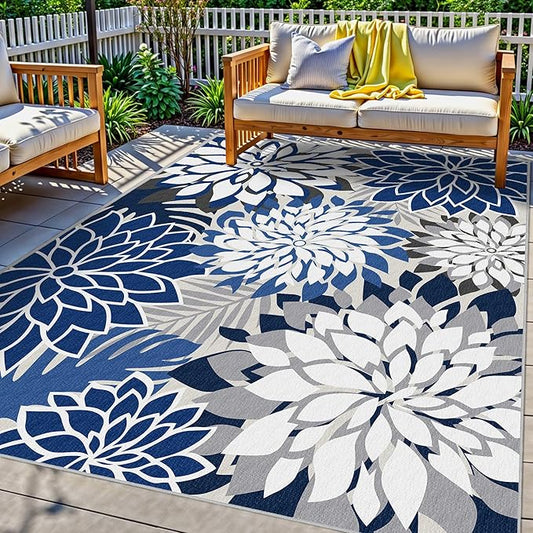 Indoor Outdoor Area Rug Washable Multicolored Patio Rug Tropical Botanical Modern Floral Indoor Outdoor Carpet Blue White Rug Non Slip for Patio, Deck, Backyard, Porch (8x10)