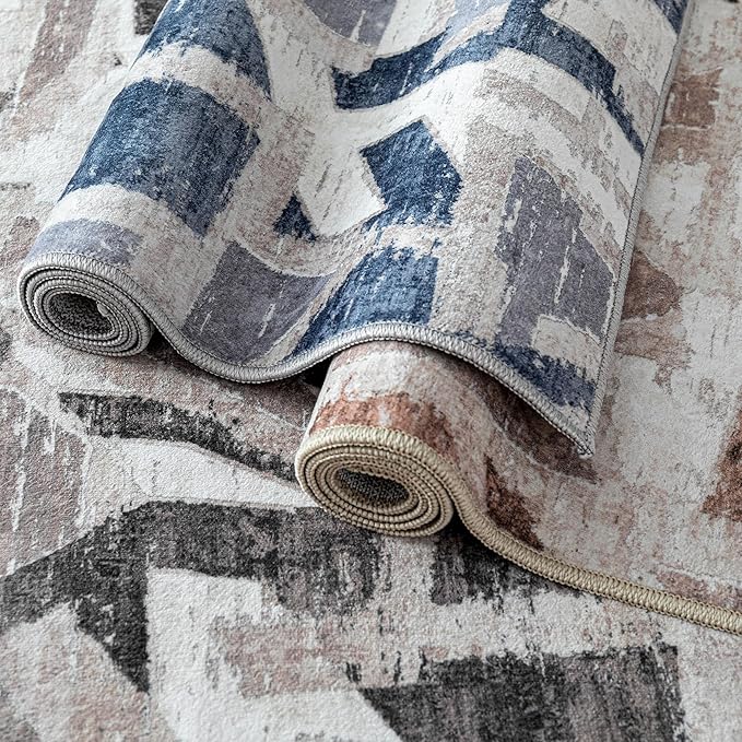 8X10 Area Rugs for Living Room Bedroom,Modern Abstract Large Carpet Washable Rugs 8x10 for Dining Room Office,Non Slip Blue Print Faux Wool Thin 8 by 10 Indoor Nursery Kids Home Pet & Child Friendly