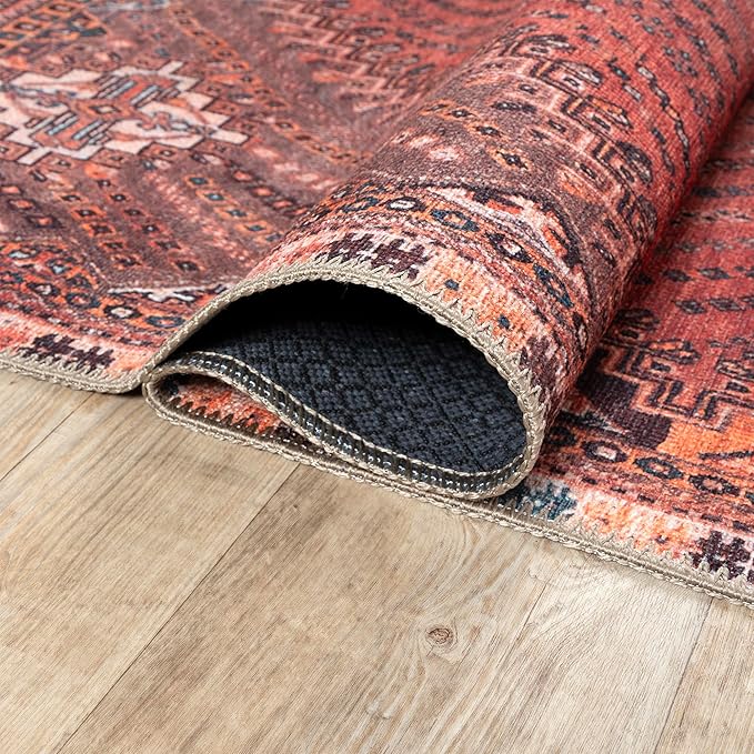 Bloom Rugs Washable Non-Slip 10 ft Runner - Red/Multicolor Traditional Bordered Runner for Entryway, Hallway, Bathroom, and Kitchen - Exact Size: 2.5' x 10'