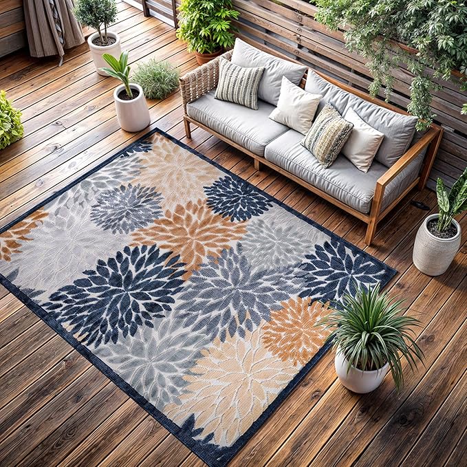 CAMILSON Indoor Outdoor Rug Multi Color 5x7 Floral Exotic Tropical Area Rugs for Indoor and Outdoor patios, Easy-Cleaning Non-Shedding Living Room, Garden and Kitchen Washable Outside Carpet (5 x 7)