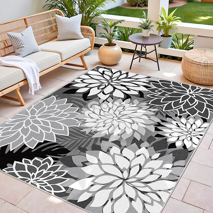 Indoor Outdoor Area Rug Washable Multicolored Rug Tropical Botanical Modern Floral Indoor Outdoor Carpet Black White Rug Non Slip Non Shedding for Patio, Deck, Backyard, Porch (8x10)