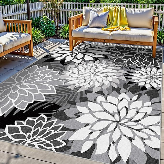 Indoor Outdoor Area Rug Washable Multicolored Rug Tropical Botanical Modern Floral Indoor Outdoor Carpet Black White Rug Non Slip Non Shedding for Patio, Deck, Backyard, Porch (5x8)