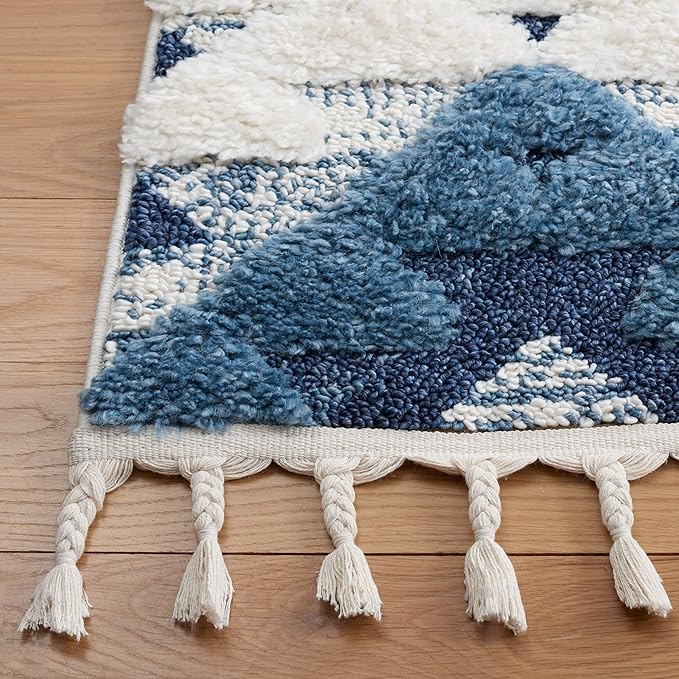 SAFAVIEH Area Rug 8x10 - Moroccan Tassel Shag Collection - Large - Blue & Ivory, Boho Design, Non-Shedding & Easy Cleaning, Plush Pile, Ideal for Living Room, Bedroom, Dining Space (MTS688M)