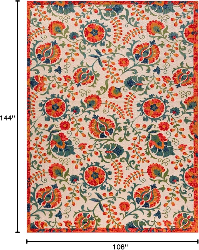 Nourison Home Aloha Indoor/Outdoor Red Multicolor 9' x 12' Area Rug, Easy Cleaning, Non Shedding, Bed Room, Living Room, Dining Room, Backyard, Deck, Patio (9x12)