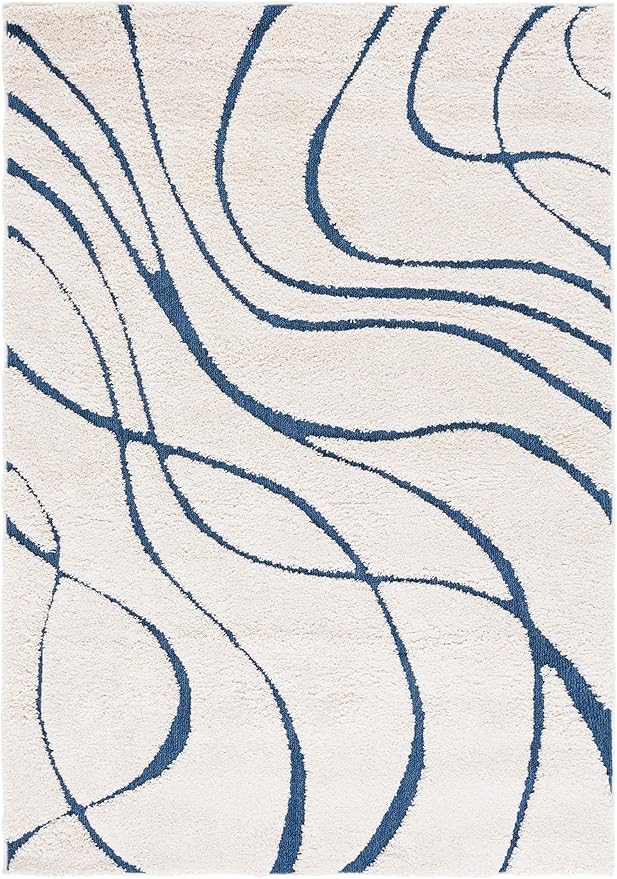 Safavieh Florida Shag Collection Area Rug - 2' x 3', Cream/Blue, Geometric Design, Plush 1.2 Inch Thick Ideal for High Traffic Areas in Living Room, Bedroom, Dining (SG471-1165)