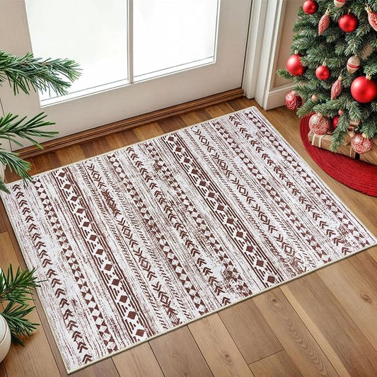 Moroccan Entryway Rugs Indoor 2x3 Rug, Brown Washable Small Area Rug Non-Slip Soft Print Vintage Distressed Geometric Low-Pile Indoor Door Mat Floor Carpet for Entrance Kitchen