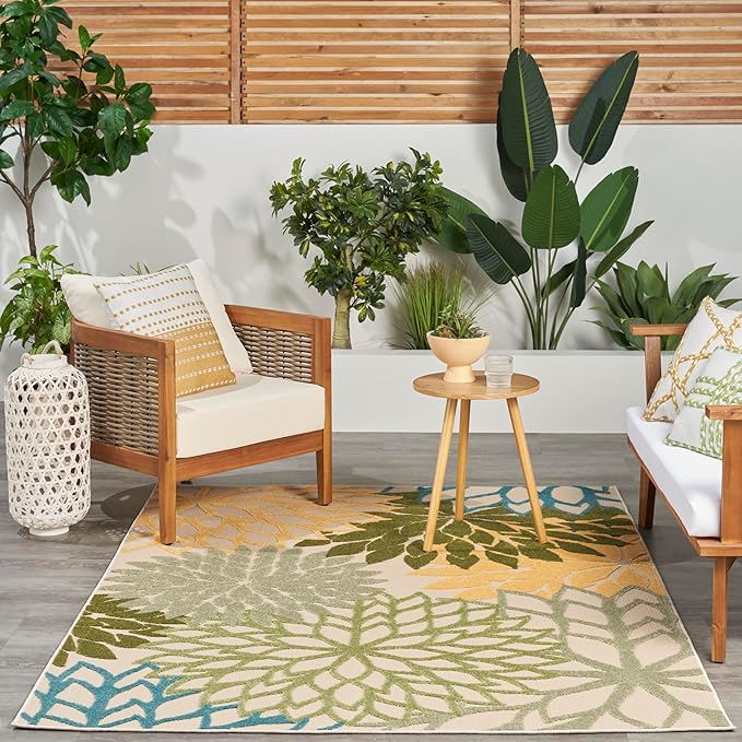 Nourison Home Aloha Tropical Indoor/Outdoor Green Multicolor 3'6" x 5'6" Area Rug, Easy Cleaning, Non Shedding, Bed Room, Living Room, Dining Room, Backyard, Deck, Patio (4x6)