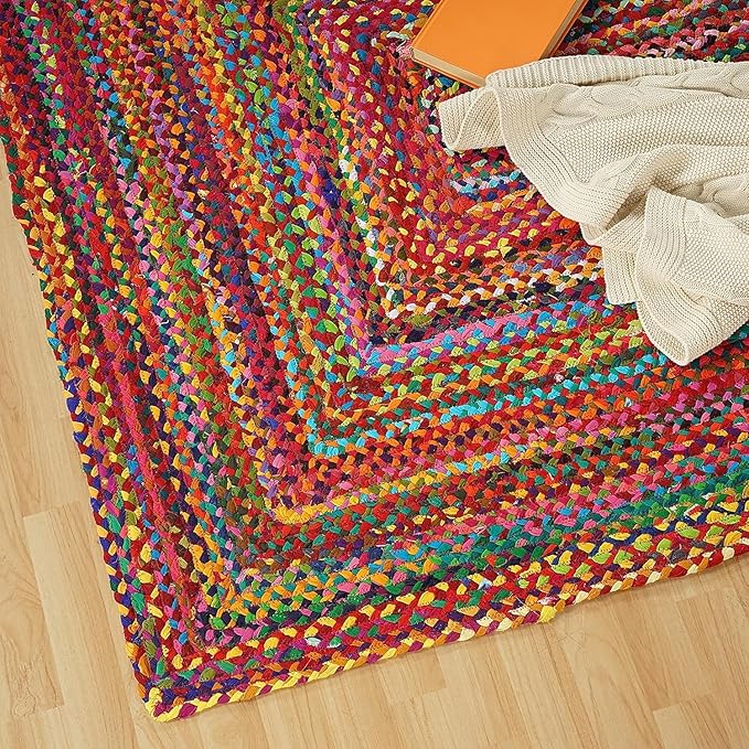 GRUHUM 8x10ft Jute Area Rug Natural Fibre Handmade Boho Farmhouse Soft Braided Chindi Rustic Vintage Rug for Indoor Kitchen Bedroom Living Room Hallways Enterways 8x10 feet Multicolor