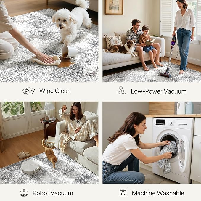 GENIMO Washable Area Rugs for Living Room, 10x12 Modern Non Slip Rugs, Low Pile Lightweight Soft Print Rug for Bedroom, Dining Room, Home Office, Grey
