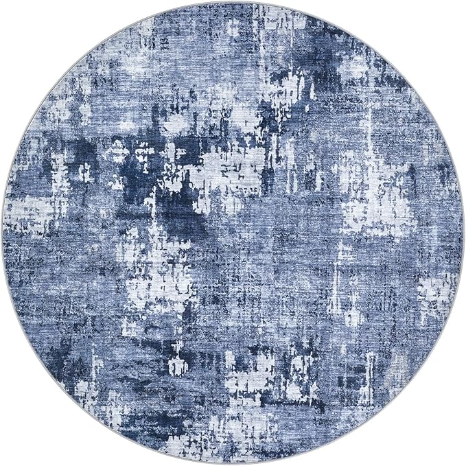 4ft Round Area Rug Living Room Rugs - 4x4 Washable Large Soft Indoor Neutral Modern Abstract Low Pile Rug Carpet for Bedroom Dining Room Farmhouse Home Office - Navy Blue