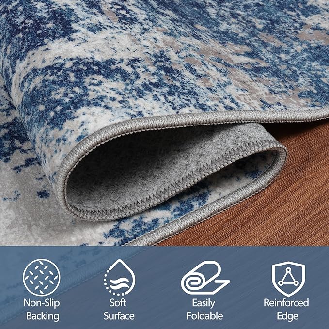 4x6 Area Rugs for Living Room Rug Washable: Abstract Rug for Dining Room Bedroom Carpet Non Slip 4 by 6 Indoor Modern Nursery Home Office Blue Grey White